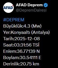 AFET VE ACİL DURUM YÖNETİMİ BAŞKANLIĞI (AFAD), ANTALYA’DA 4.3 BÜYÜKLÜĞÜNDE DEPREM MEYDANA...