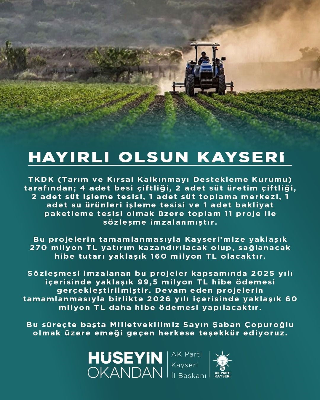 AK PARTİ KAYSERİ İL BAŞKANI HÜSEYİN OKANDAN; TARIM VE KIRSAL KALKINMAYI DESTEKLEME KURUMU (TKDK)...