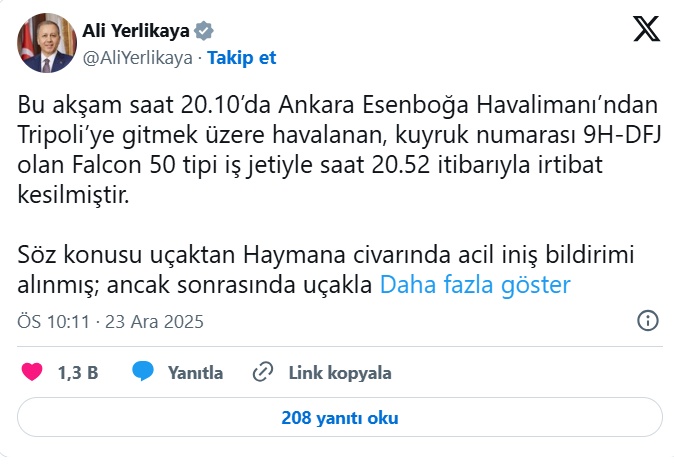 Ankara Haymana civarında iletişimi kesilen özel jet için arama-kurtarma başlatıldı