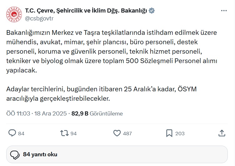 Çevre, Şehircilik ve İklim Değişikliği Bakanlığı 500 Sözleşmeli Personel Alımı — Başvurular 18-25 Aralık 2025