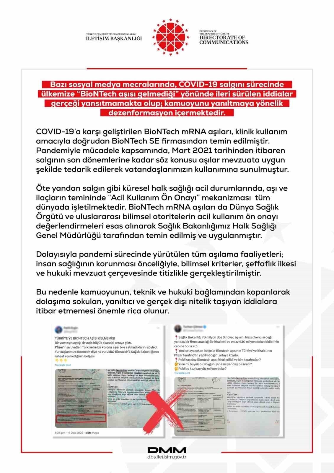 DEZENFORMASYONLA MÜCADELE MERKEZİ (DMM) TARAFINDAN COVID-19 SALGINI SÜRECİNDE TÜRKİYE’YE ‘BİONTECH...