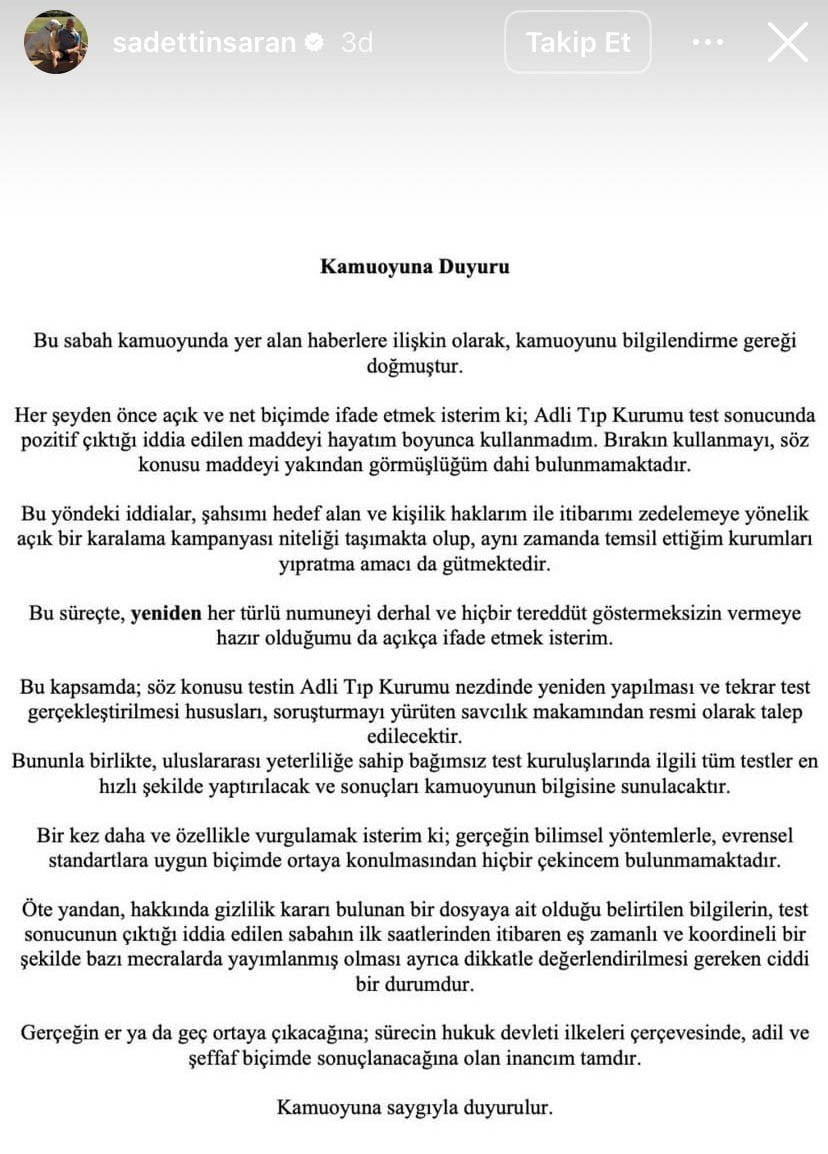 FENERBAHÇE SPOR KULÜBÜ BAŞKANI SADETTİN SARAN, TEST SONUCUNUN POZİTİF ÇIKMASININ ARDINDAN SOSYAL...