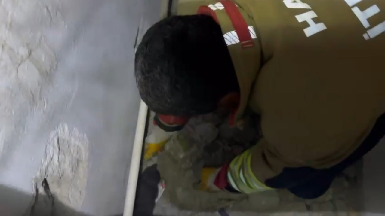 HATAY (İHA) - HATAY’IN ARSUZ İLÇESİNDE BİR BİNANIN HAVALANDIRMA BOŞLUĞUNDA MAHSUR KALAN YAVRU...