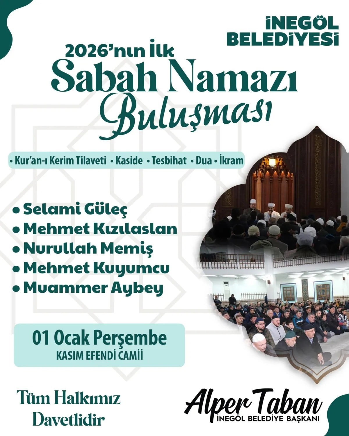 İNEGÖL’DE 2026’YA MANEVİ BAŞLANGIÇ: İLK SABAH NAMAZI KASIM EFENDİ CAMİSİNDE