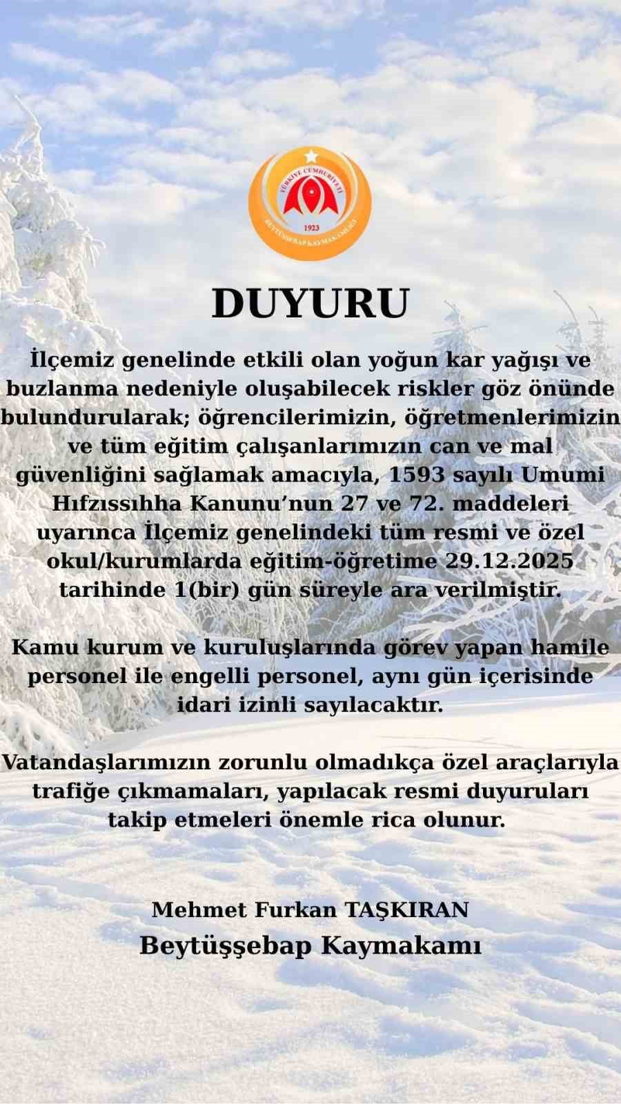 ŞIRNAK’TA KAR YAĞIŞI NEDENİYLE BEYTÜŞŞEBAP İLÇESİNDE 1 GÜNLÜK KAR TATİLİ. KAR YAĞIŞI VE AŞIRI...