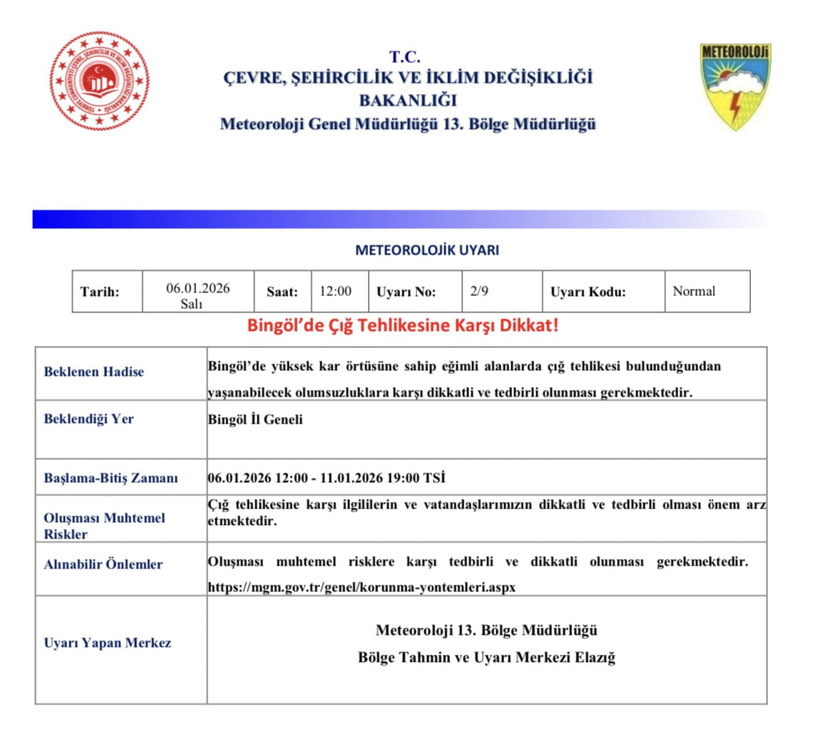 BİNGÖL İÇİN ÇIĞ UYARISI