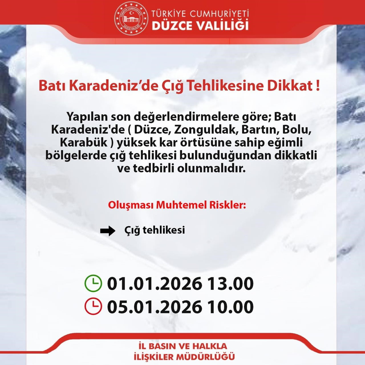 DÜZCE VALİLİĞİ YÜKSEK KAR ÖRTÜSÜNE SAHİP EĞİMLİ BÖLGELER İÇİN ÇIĞ TEHLİKESİNE KARŞI VATANDAŞLARI...