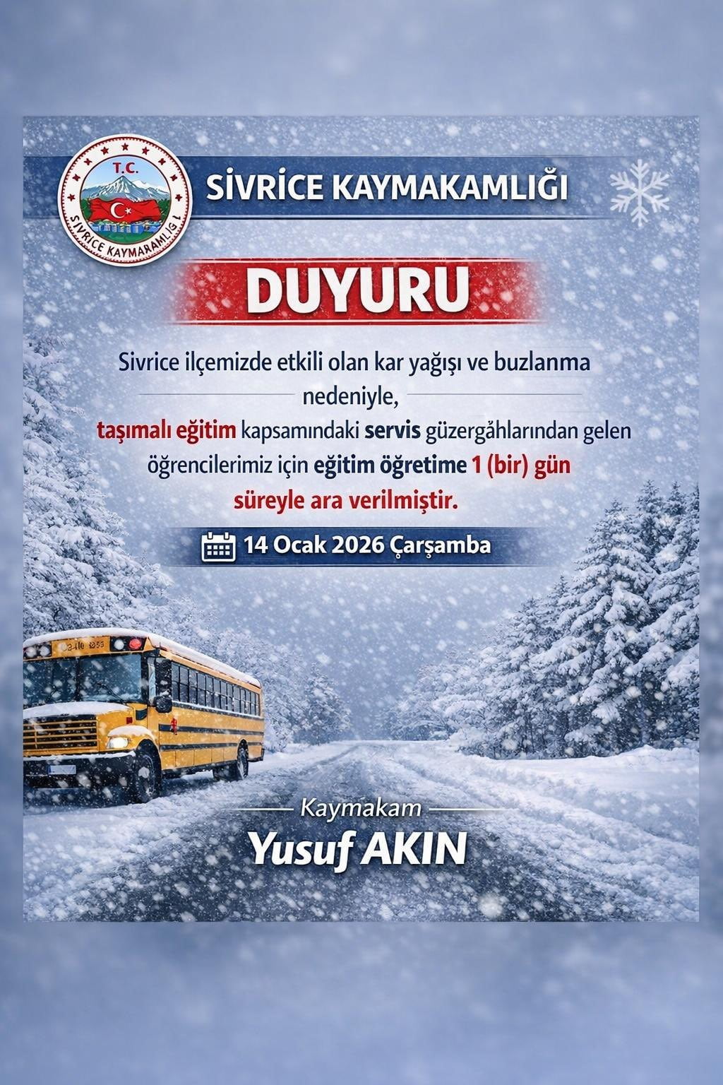 ELAZIĞ’IN İKİ İLÇESİNDE OLUMSUZ HAVA KOŞULLARINDAN DOLAYI TAŞIMALI EĞİTİME ARA...