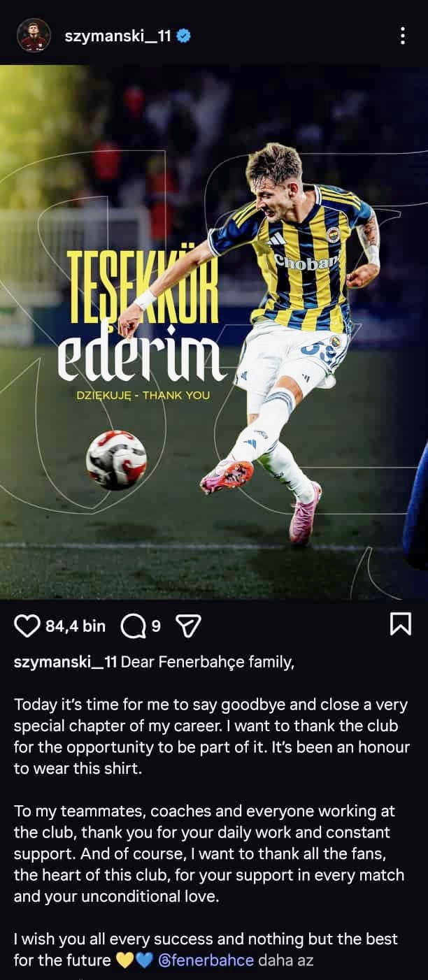 FENERBAHÇE'NİN POLONYALI ORTA SAHA OYUNCUSU SEBASTİAN SZYMANSKİ, SOSYAL MEDYA HESABINDAN BİR...