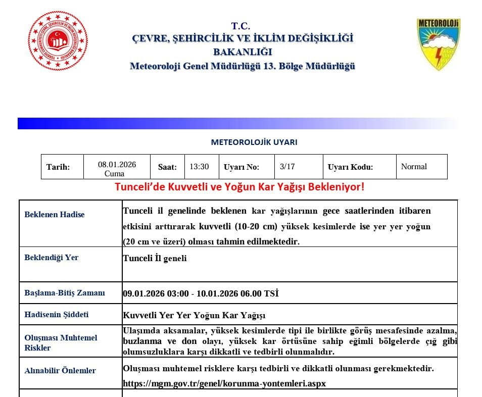 METEOROLOJİ 13. BÖLGE MÜDÜRLÜĞÜ, TUNCELİ  İÇİN KUVVETLİ VE YOĞUN KAR UYARISI  YAPTI