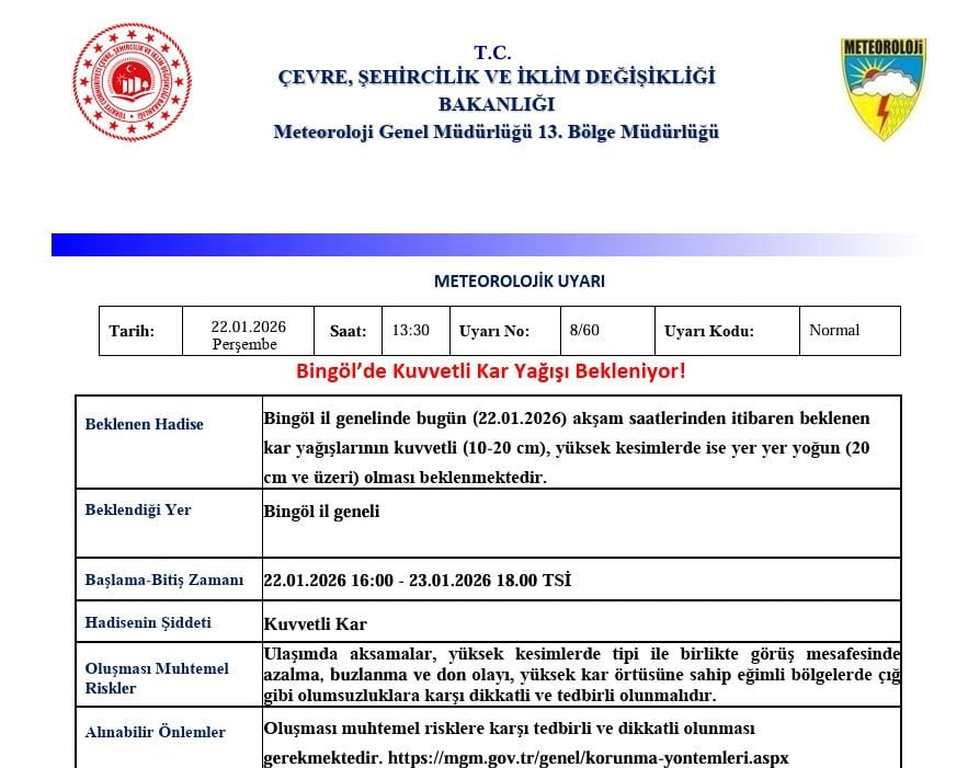 METEOROLOJİDEN BİNGÖL İÇİN KUVVETLİ KAR YAĞIŞI UYARISI