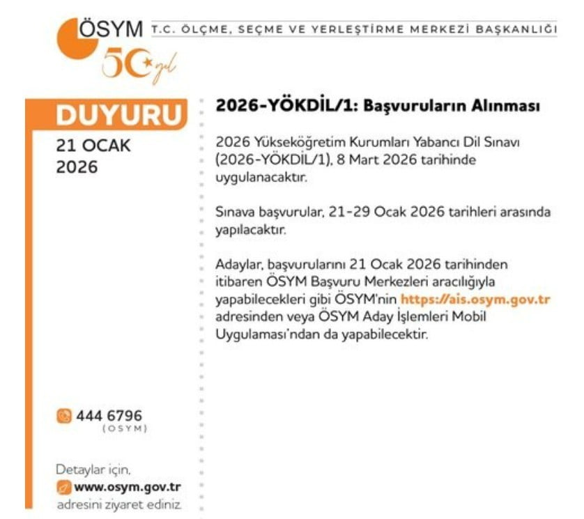 ÖLÇME, SEÇME VE YERLEŞTİRME MERKEZİ BAŞKANLIĞI (ÖSYM), YÜKSEKÖĞRETİM KURUMLARI YABANCI DİL SINAVI...