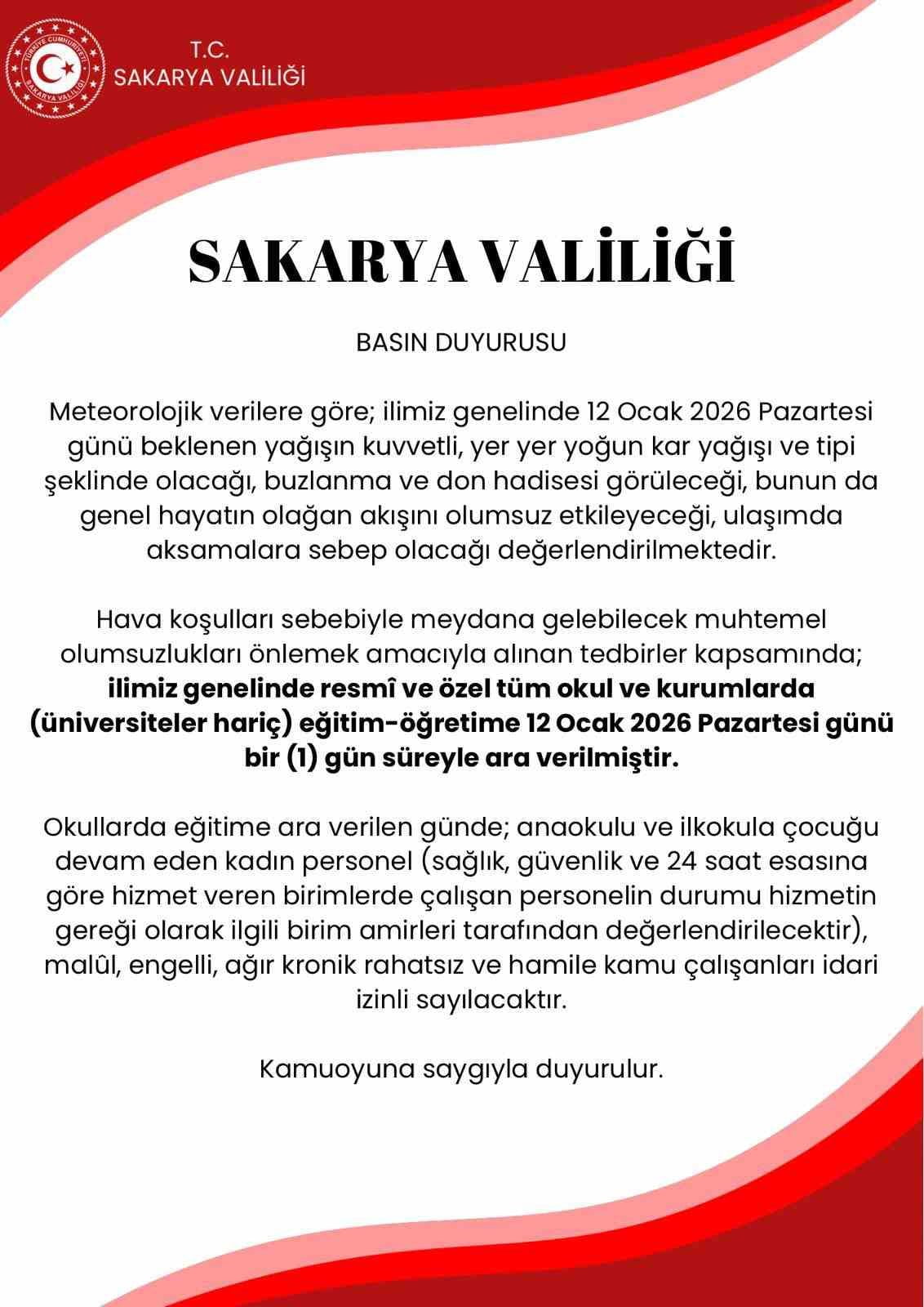 SAKARYA'DA BEKLENEN KAR YAĞIŞI VE OLUMSUZ HAVA ŞARTLARI NEDENİYLE İL GENELİNDE TAŞIMALI EĞİTİME...