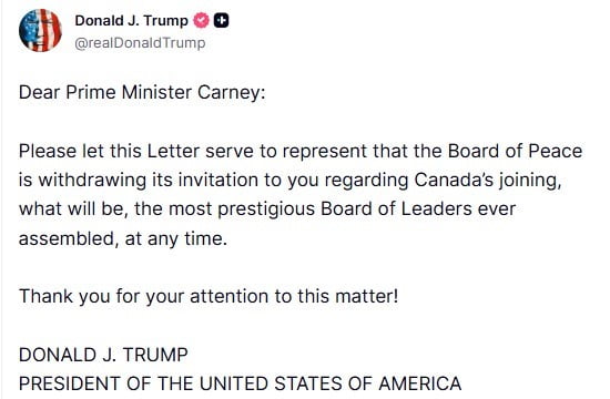 TRUMP, KANADA BAŞBAKANI CARNEY’E YAPTIĞI GAZZE BARIŞ KURULU’NA KATILIM DAVETİNİ GERİ...