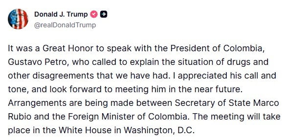 TRUMP, KOLOMBİYA DEVLET BAŞKANI PETRO İLE TELEFONDA KONUŞTUĞUNU DUYURDU