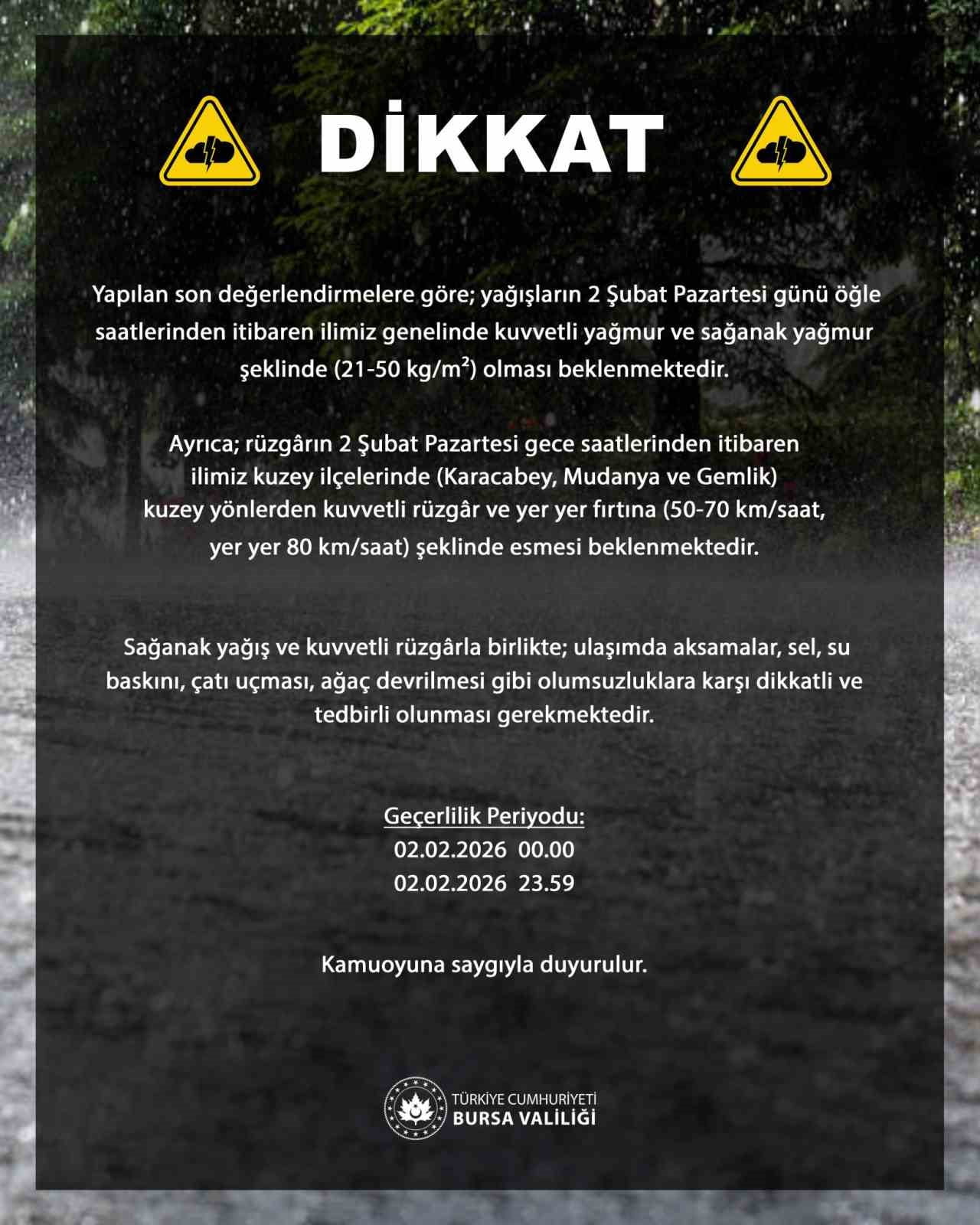 BURSA GENELİNDE 2 ŞUBAT PAZARTESİ GÜNÜ ÖĞLE SAATLERİNDEN İTİBAREN KUVVETLİ YAĞMUR VE SAĞANAK YAĞIŞ...