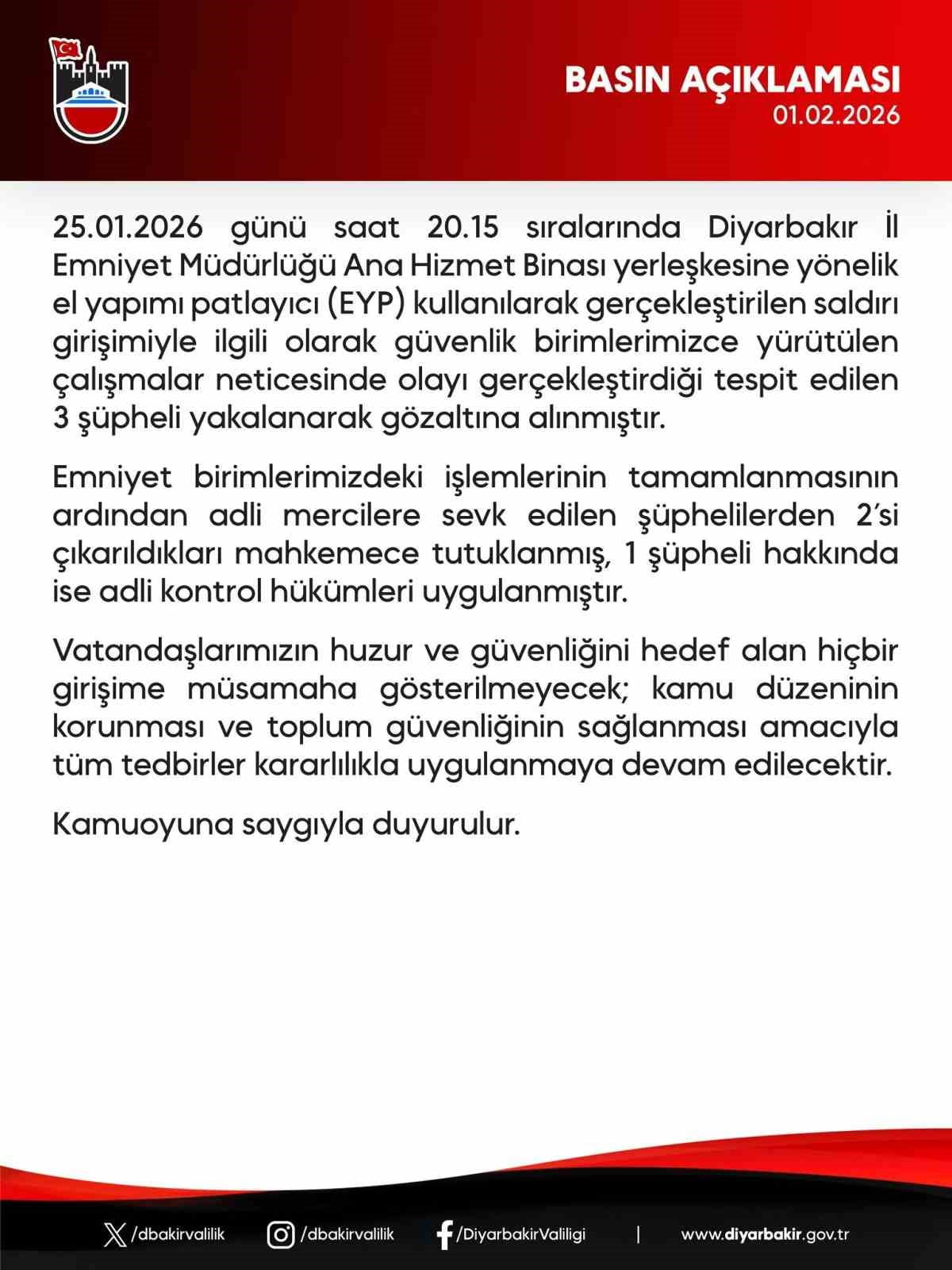 DİYARBAKIR EMNİYET MÜDÜRLÜĞÜNE EYP’Lİ SALDIRI GİRİŞİMİNDE 3 ŞAHSIN GÖZALTINA ALINDI. GÖZALTINA...