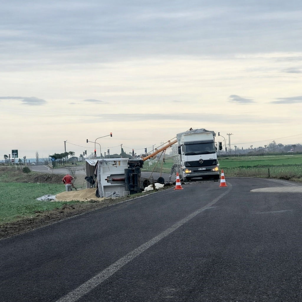 TEKİRDAĞ'IN MURATLI İLÇESİNDE KAMYON, KONTROLDEN ÇIKARAK YOL KENARINA DEVRİLDİ.