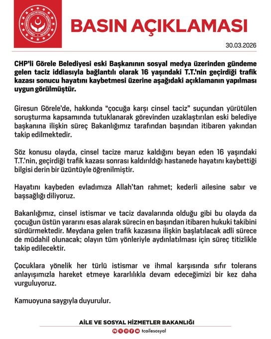 AİLE VE SOSYLA HİZMETLER BAKANLIĞI TARAFINDAN YAPILAN AÇIKLAMADA, "ÇOCUKLARA YÖNELİK HER TÜRLÜ...