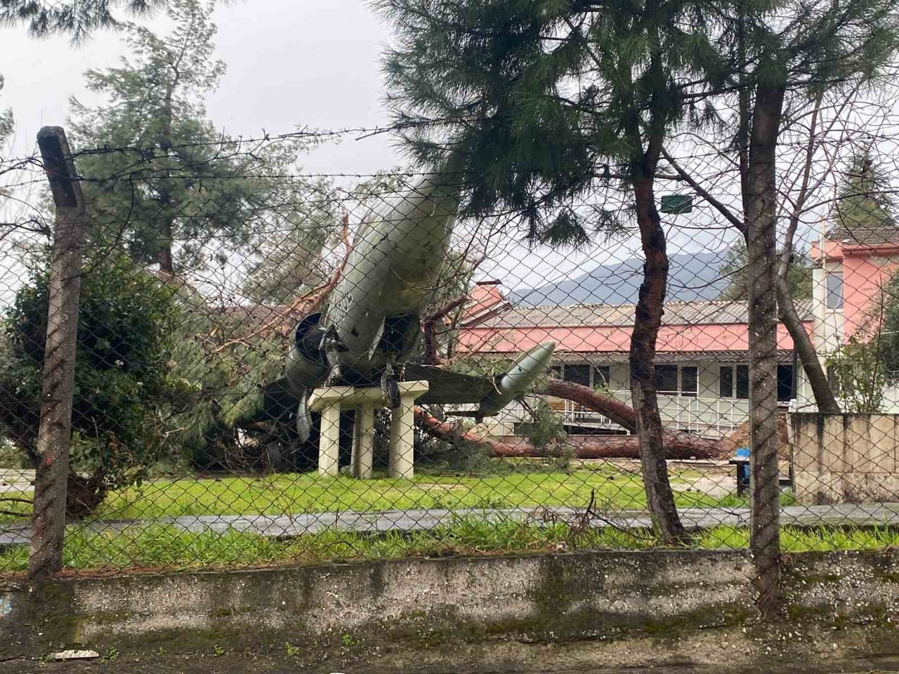 DENİZLİ’DE FIRTINANIN DEVİRDİĞİ ÇAM AĞACI, UÇAKLI OKULUN SİMGESİ UÇAĞIN ÜZERİNE DÜŞTÜ. KAİDESİNDEN...