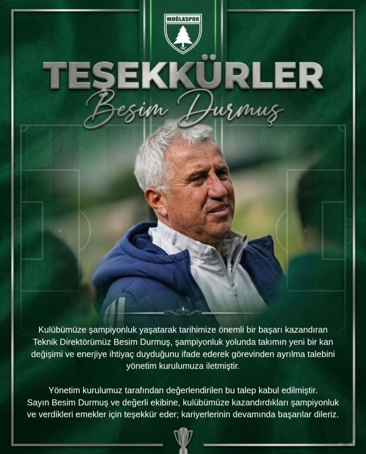 MUĞLASPOR, TEKNİK DİREKTÖR BESİM DURMUŞ’UN GÖREVİNDEN AYRILMA TALEBİNİN YÖNETİM TARAFINDAN KABUL...