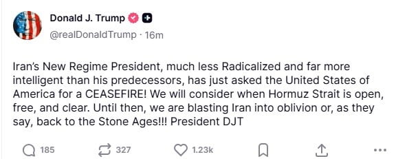 ABD BAŞKANI DONALD TRUMP, İRAN'IN YENİ LİDERİNİN ABD'DEN ATEŞKES TALEBİNDE BULUNDUĞUNU, BUNUN...