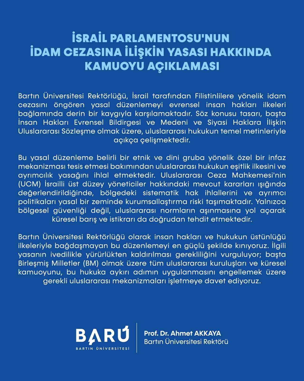 BARÜ , İSRAİL PARLAMENTOSU'NUN İDAM CEZASINA İLİŞKİN YASA HAKKINDA KAMUOYU AÇIKLAMASI YAPTI
