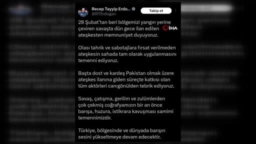 Cumhurbaşkanı Erdoğan: "(ABD-İran ateşkesi) Olası tahrik ve sabotajlara fırsat verilmeden...