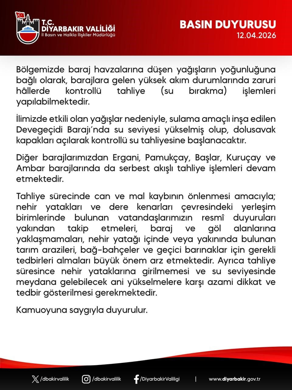 DİYARBAKIR’DA DEVEGEÇİDİ BARAJINDA KONTROLLÜ SU TAHLİYESİ BAŞLATILIRKEN, ERGANİ, PAMUKÇAY, BAŞLAR...