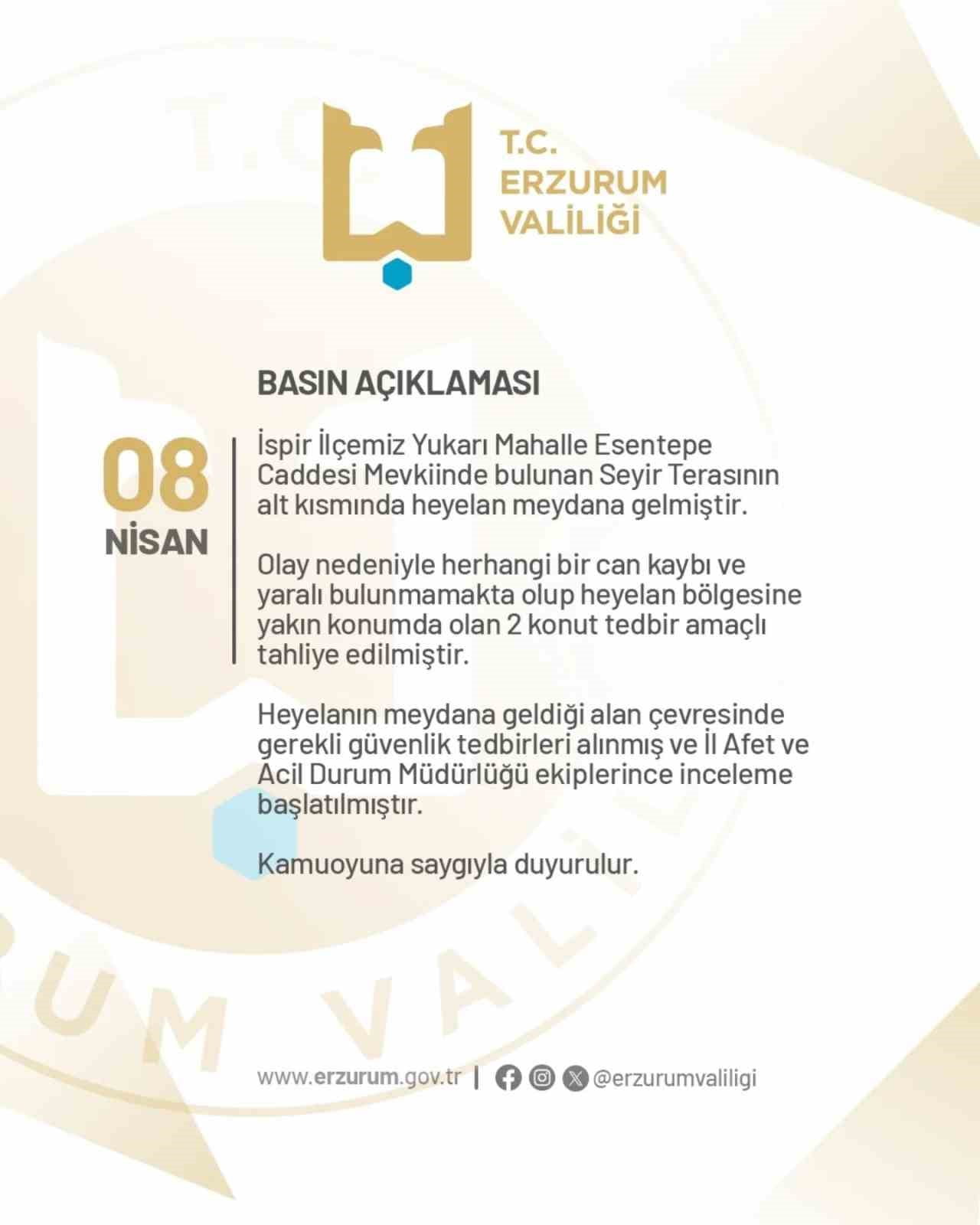 ERZURUM’UN İSPİR İLÇESİNDE SEYİR TERASININ ALT KISMINDA MEYDANA GELEN HEYELAN KORKUYA NEDEN OLDU....