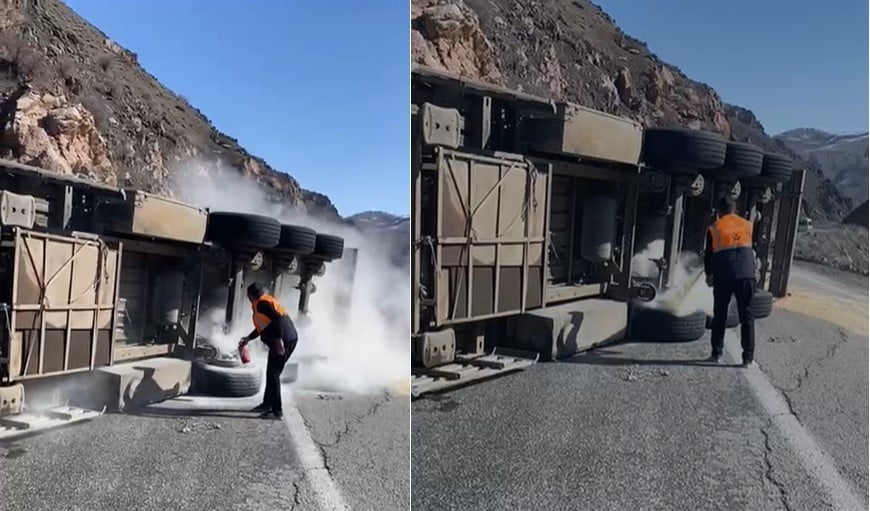 HAKKARİ’NİN HAKKARİ İLE ÇUKURCA İLÇESİ ARASINDAKİ KARAYOLUNDA SEYİR HALİNDEKİ BİR TIR, HENÜZ...