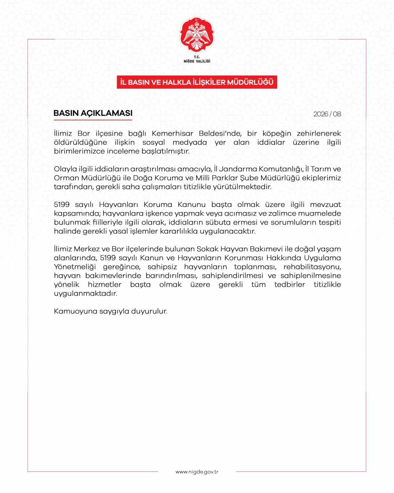 İĞDE’NİN BOR İLÇESİNE BAĞLI KEMERHİSAR BELDESİNDE ÇOK SAYIDA SOKAK KÖPEĞİNİN ZEHİRLENDİĞİ...