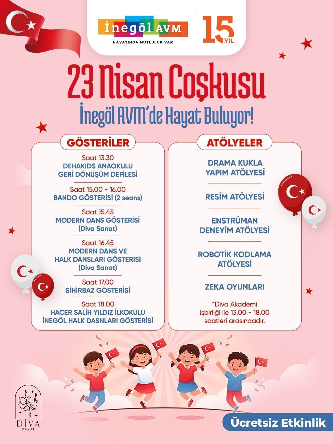 İNEGÖL AVM, 23 NİSAN COŞKUSUNU GÜN BOYU SÜRECEK ATÖLYELER, DEFİLELER VE GÖSTERİLERLE ÇOCUKLAR VE...