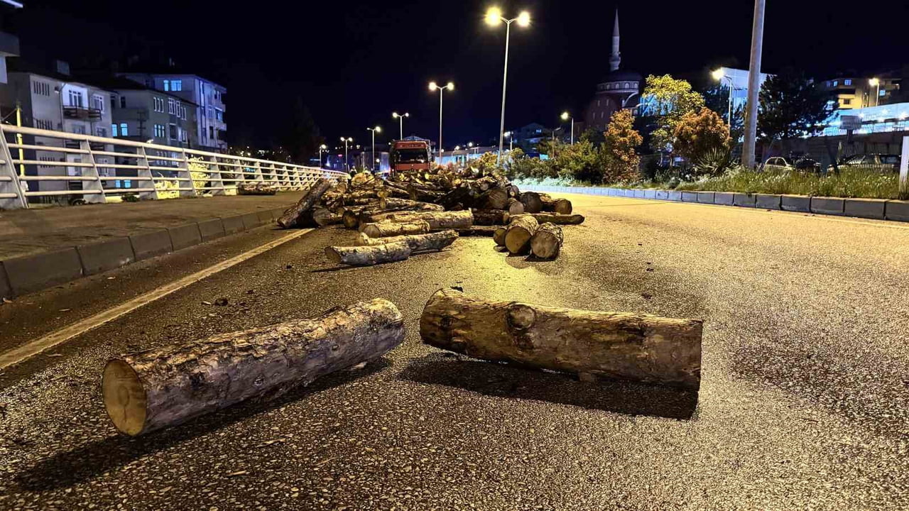 KARABÜK’TE SEYİR HALİNDEYKEN DAMPERİ KALKAN KAMYONUN ODUNLARI KARA YOLUNA DÖKÜLÜRKEN, ŞANS ESERİ...