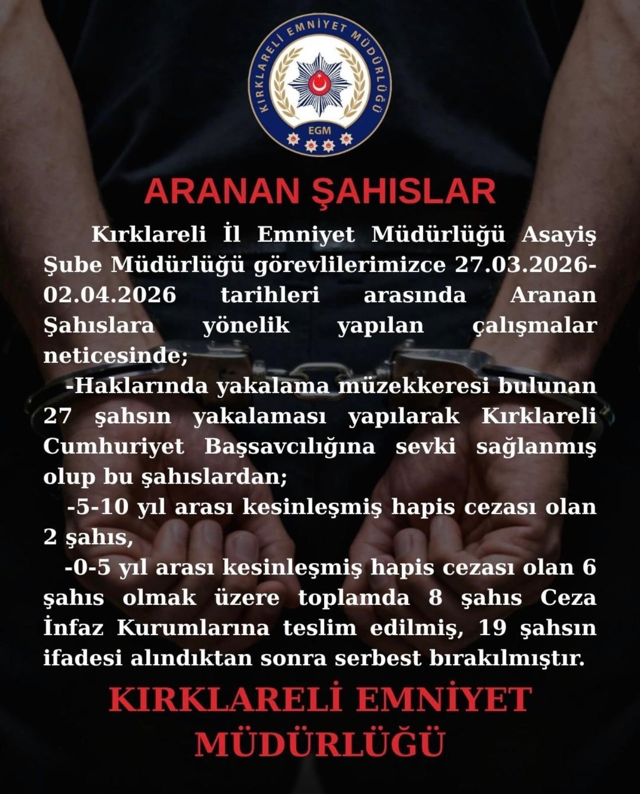 KIRKLARELİ’NDE ARANAN ŞAHISLARA OPERASYON: 8 KİŞİ TUTUKLANDI