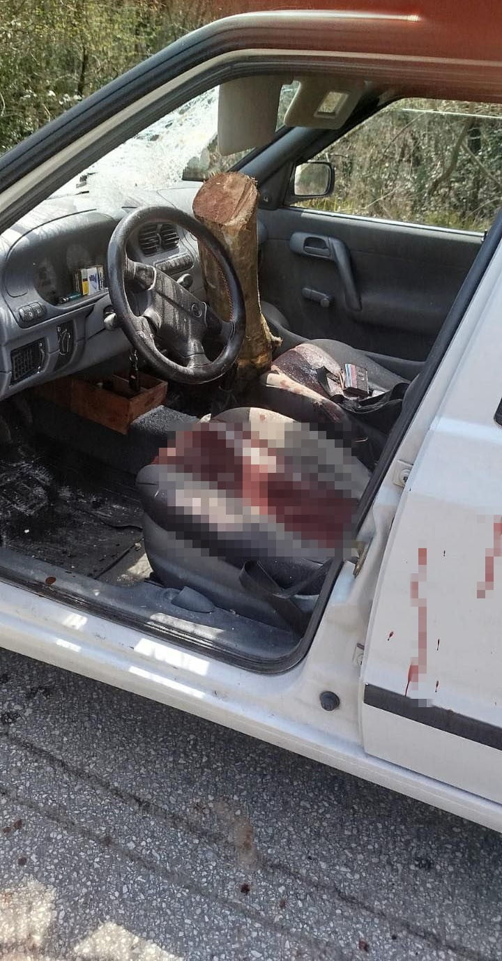 KOCAELİ'NİN İZMİT İLÇESİNDE TOMRUK YÜKLÜ KAMYONDAN FIRLAYAN KÜTÜK, SEYİR HALİNDEKİ OTOMOBİLİN ÖN...