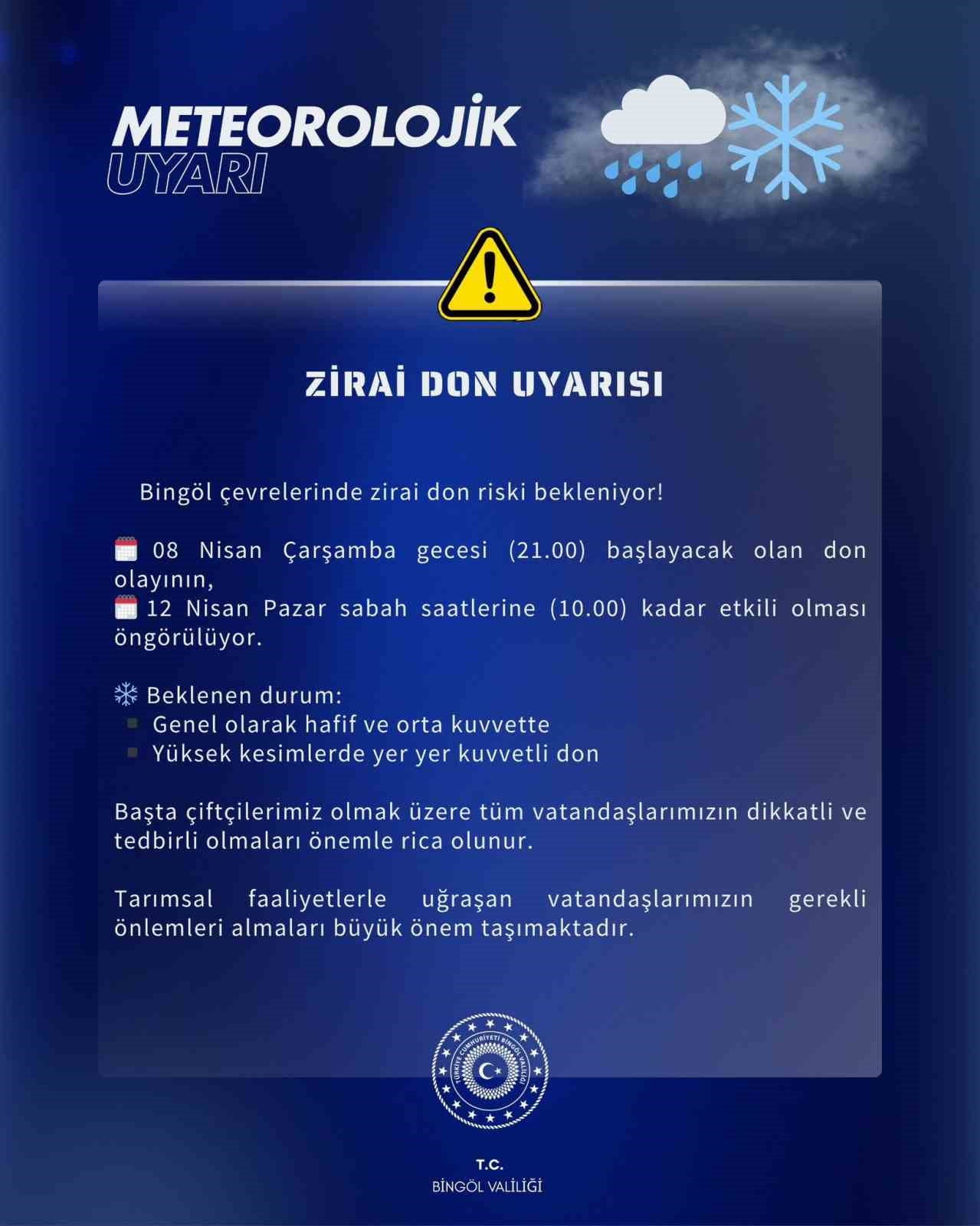METEOROLOJİ’DEN BİNGÖL İÇİN ZİRAİ DON UYARISI