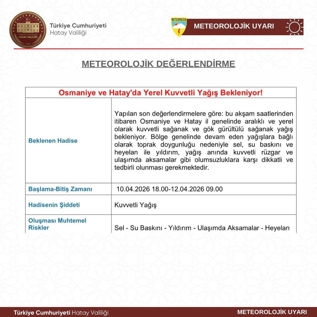METEOROLOJİ VERİLERİNE GÖRE; HATAY VE OSMANİYE’DE CUMA GÜNÜ AKŞAM SAATLERİNDEN İTİBAREN BAŞLAYAN...