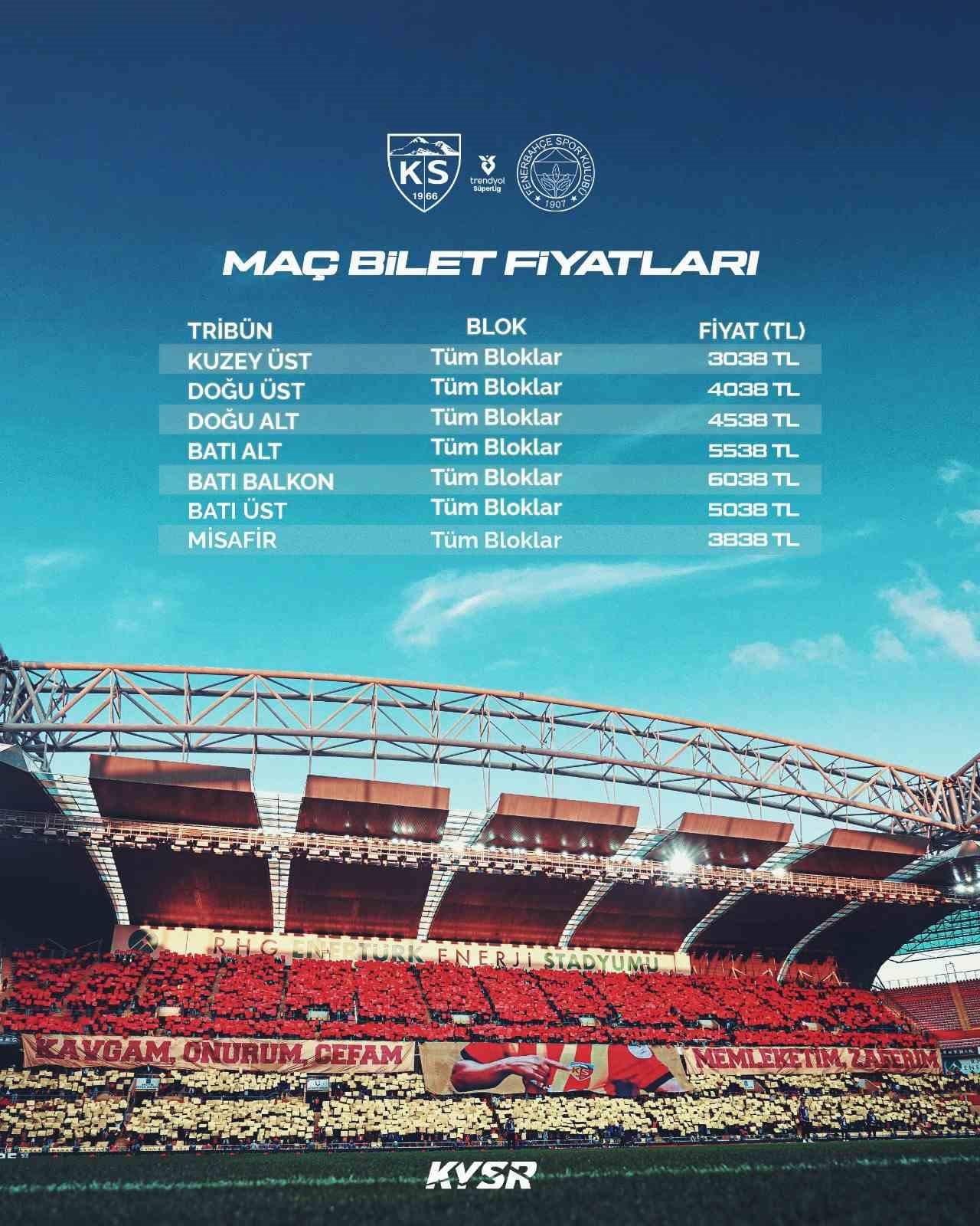 SÜPER LİG'DE KAYSERİSPOR İLE FENERBAHÇE ARASINDA OYNANACAK OLAN MAÇININ BİLET FİYATLARI BELLİ...