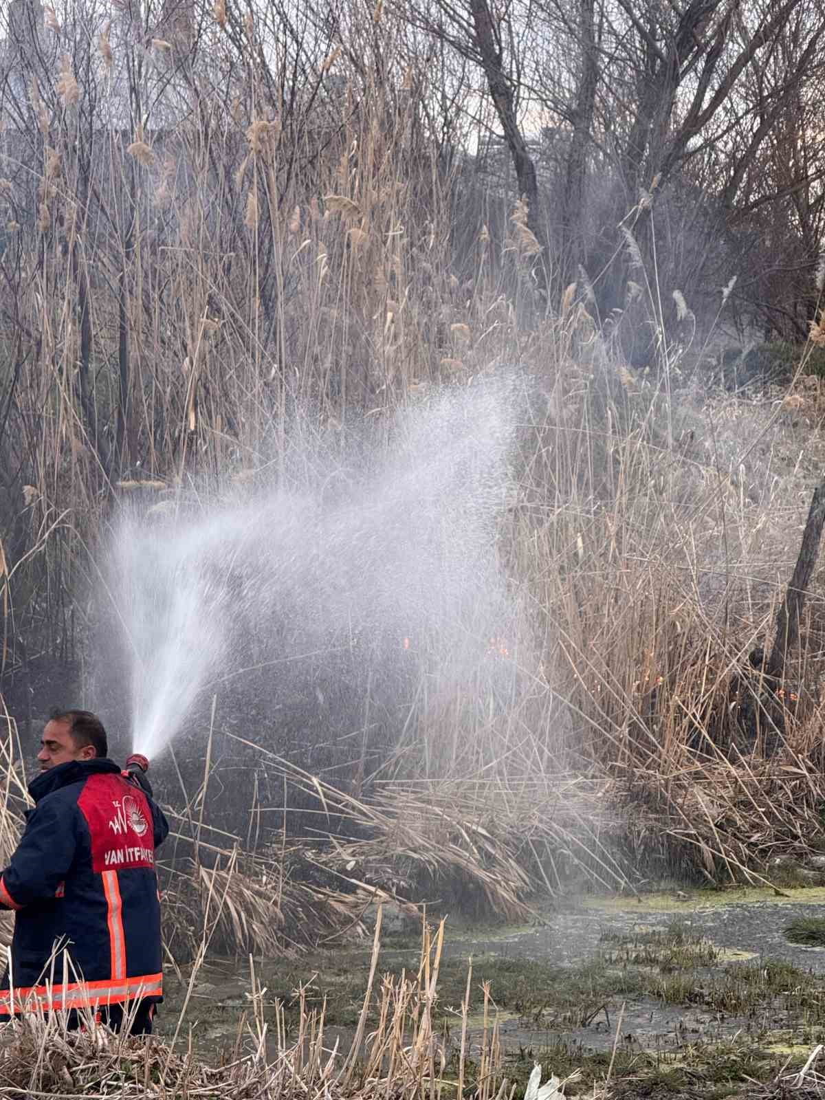 VAN'IN TUŞBA İLÇESİNDE ÇIKAN SAZLIK ALANINDAKİ YANGINI İTFAİYE EKİPLERİ TARAFINDAN...