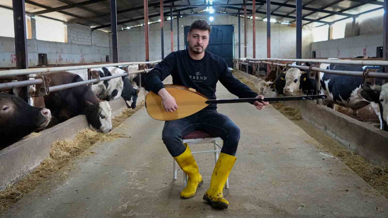 ANKARA’DA YAŞAYAN BATUHAN KOYUNCU, KURBANLIK BÜYÜKBAŞ HAYVANLARINA SAZ ÇALIP TÜRKÜ SÖYLEDİĞİNİ, BU...