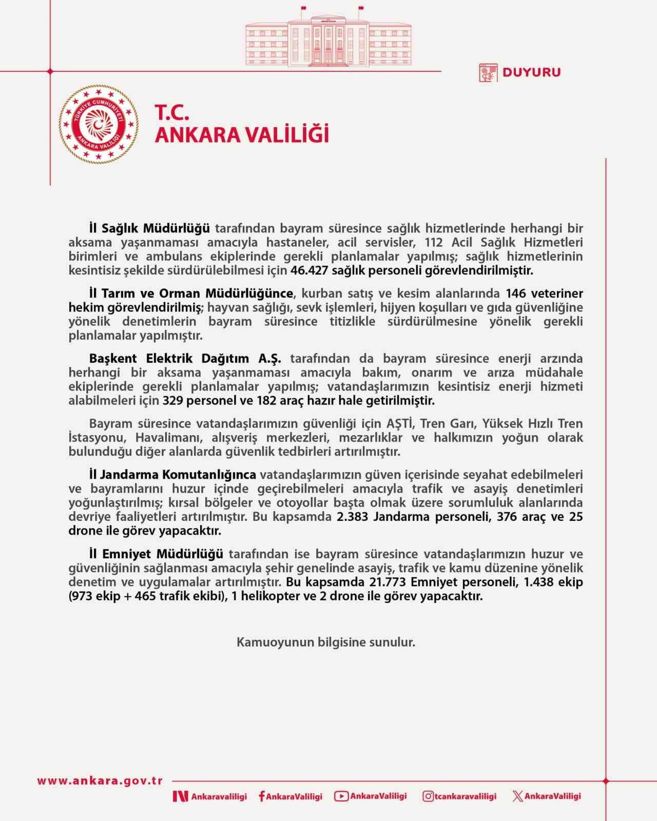 ANKARA VALİLİĞİ, KURBAN BAYRAMI SÜRESİNCE VATANDAŞLARIN HUZUR VE GÜVENLİĞİ İÇİN İL GENELİNDE GENİŞ...