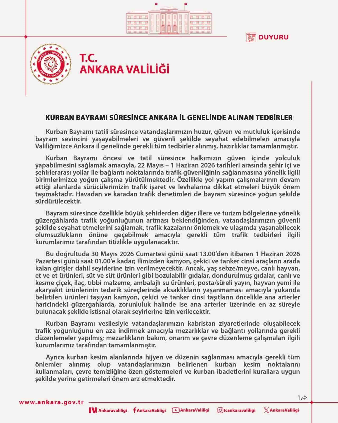 ANKARA VALİLİĞİ, KURBAN BAYRAMI SÜRESİNCE VATANDAŞLARIN HUZUR VE GÜVENLİĞİ İÇİN İL GENELİNDE GENİŞ...