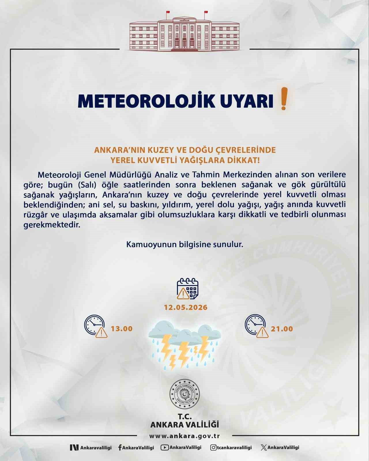 ANKARA VALİLİĞİ, METEOROLOJİ VERİLERİNE GÖRE BAŞKENTİN KUZEY VE DOĞU ÇEVRELERİNDE KUVVETLİ YAĞIŞ...