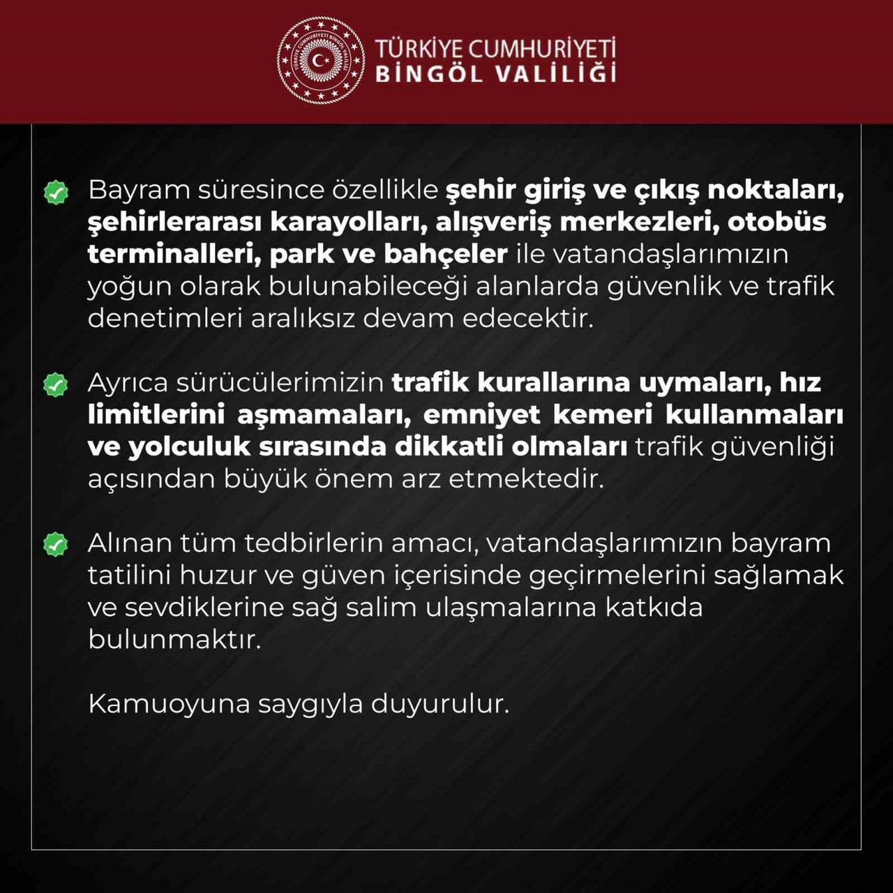 BİNGÖL’DE KURBAN BAYRAMI TEDBİRLERİ ARTIRILDI