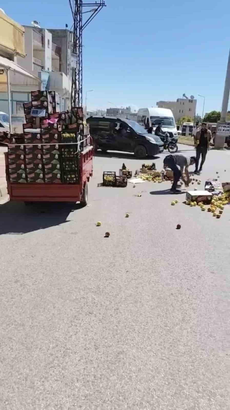 ÇEVREDE BULUNAN VATANDAŞLAR İSE YOLA SAÇILAN MEYVELERİN TOPLANMASINA YARDIMCI OLDU.