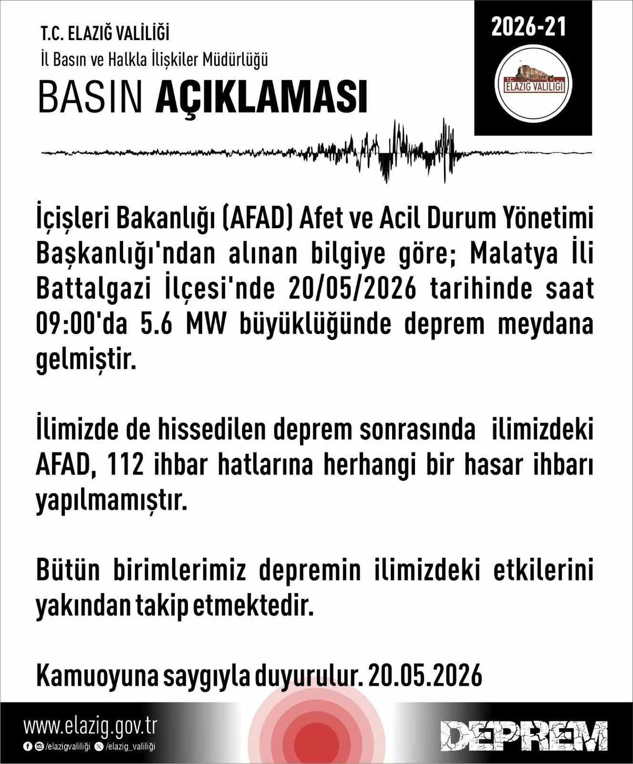 ELAZIĞ VALİLİĞİ MERKEZ ÜSSÜ MALATYA BATTALGAZİ OLAN 5.6 BÜYÜKLÜĞÜNDEKİ DEPREMİN ARDINDAN RESMİ BİR...