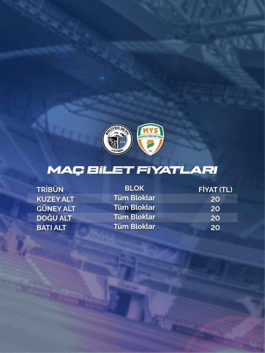 ERCİYES 38 FUTBOL SPOR KULÜBÜ İLE MALATYA YEŞİLYURTSPOR ARASINDA OYNAYACAK OLAN MAÇIN BİLETLERİ 20...