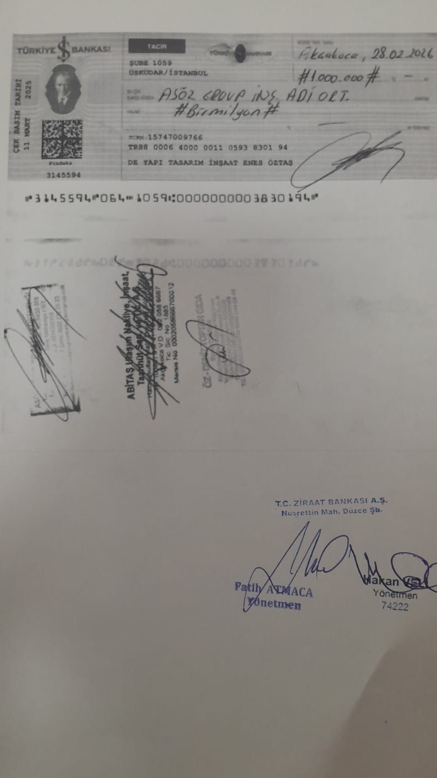İNCELEMELERDE, 1 MİLYON LİRA TUTARINDAKİ ÇEKİN ÜZERİNDE AKÇAKOCA BELEDİYESİNİN İŞTİRAKİ OLAN...