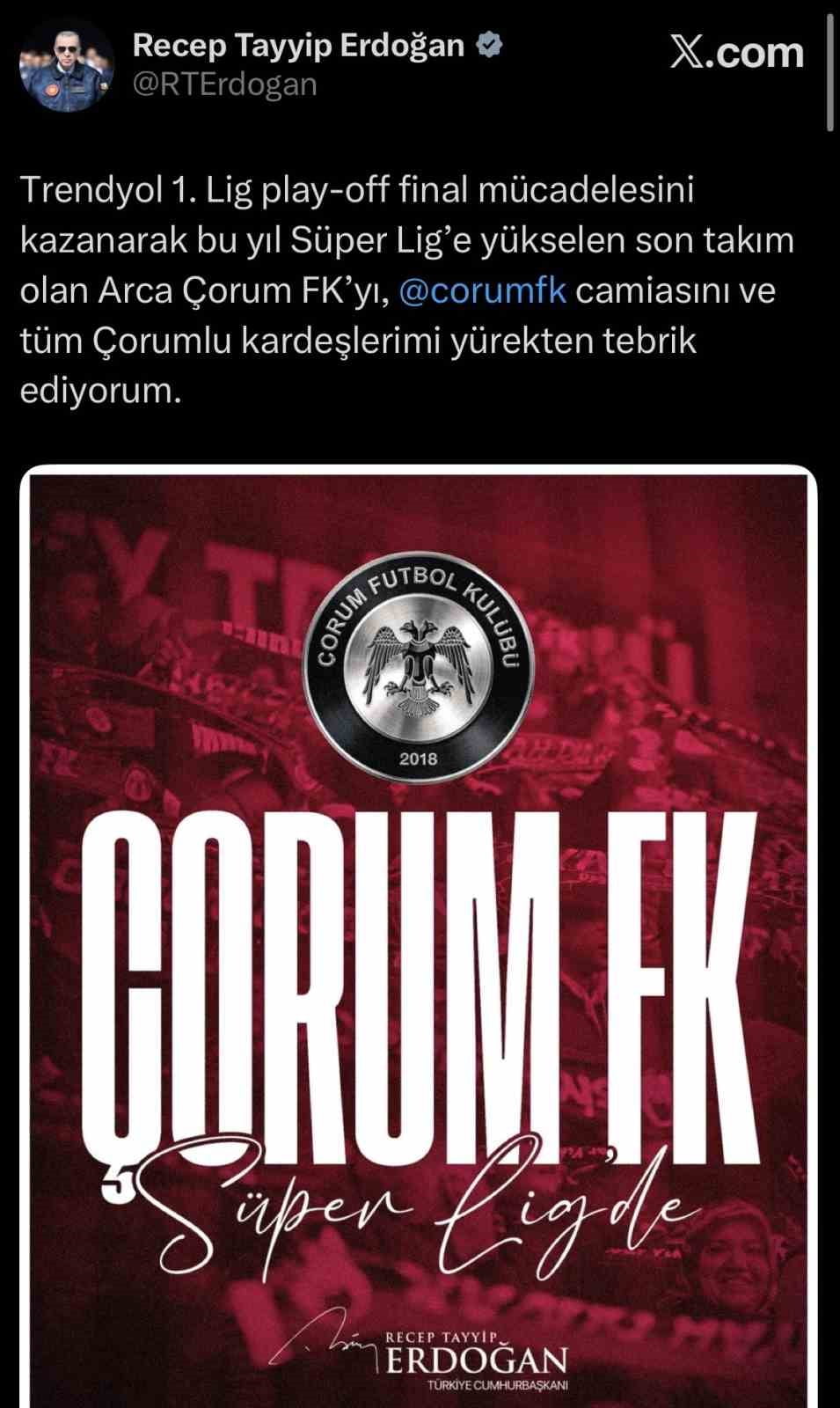 İSTANBUL (İHA) - CUMHURBAŞKANI RECEP TAYYİP ERDOĞAN, SÜPER LİG’E YÜKSELEN SON TAKIM OLAN ARCA...